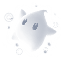 A grayscale image of a yellow luma with sparkles surrounding it.