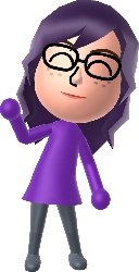 igalaxy's mii (waving), with freckles, black glasses, a purple dress, and purple hair.