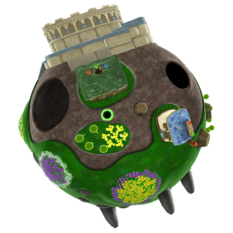 The starting planet of Gateway Galaxy from Super Mario Galaxy. A castle is at the top of the visible side of the planet.